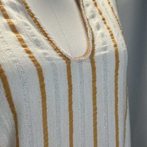 ZARA Women’s Medium Boxy V-Neck Striped Cotton Linen Blouse Orange White - Picture 2 of 9